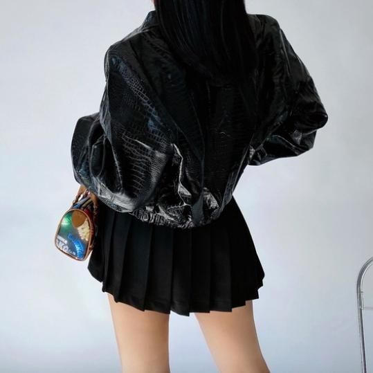 大特価】ブラック フェイクレザージャケット 合皮 クロコ調