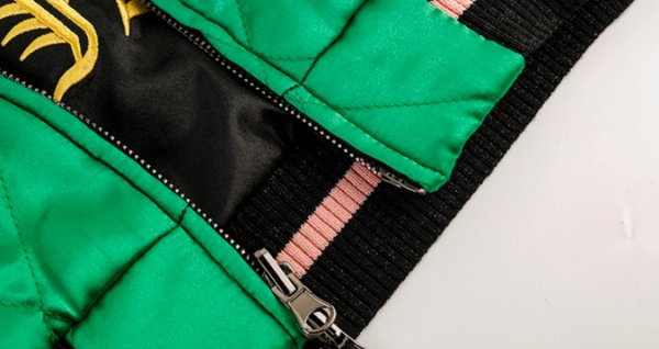【大特価】ブラックxグリーン 2way リバーシブル スカジャン 刺繍デザイン キルティングジャケット ボンバージャケット スタジャン 韓国  インポート 通販