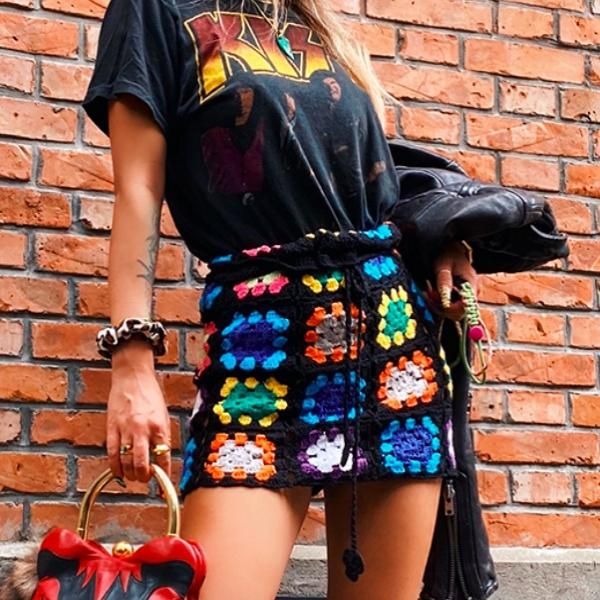 大特価】ブラック マルチカラー クロシェ編み クロシェニット