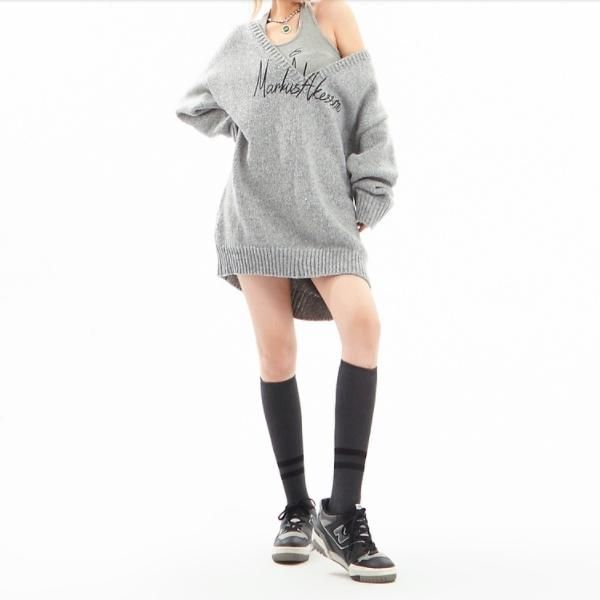 大特価】2色展開 フロントロゴ レイヤード 重ね着風 Vネック