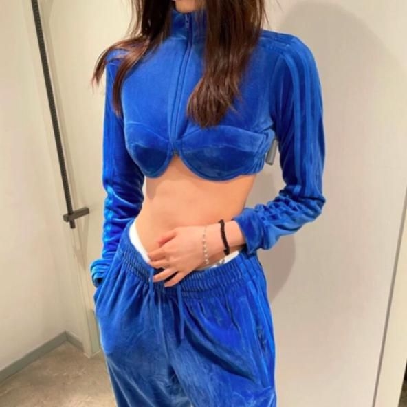 大特価】ブルー ベロア ベルベット アンダーワイヤー クロップド