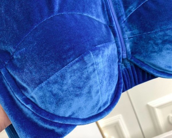 【大特価】ブルー ベロア ベルベット アンダーワイヤー クロップドジャケット パーカー フーディー スリーストライプ サイドライン ロング