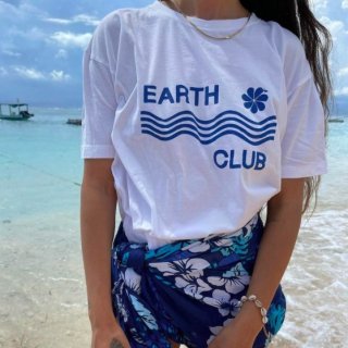 【大特価】ホワイトxブルー Earth Club デイジー フラワー フロントロゴ Tシャツ 半袖 トップス カットソー インポート 通販