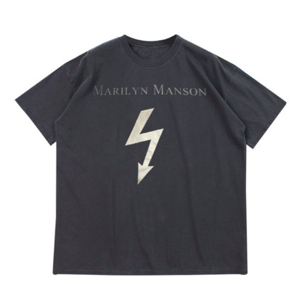 【大特価】ブラック マリリン・マンソン ビンテージ古着風 Marilyn Manson アロー サンダー ユニセックス Tシャツ 半袖 トップス  カットソー