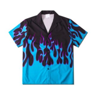 【大特価】ブルーxブラック ファイヤーパターン 半袖 シャツ ブラウス トップス カットソー ユニセックス インポート 通販