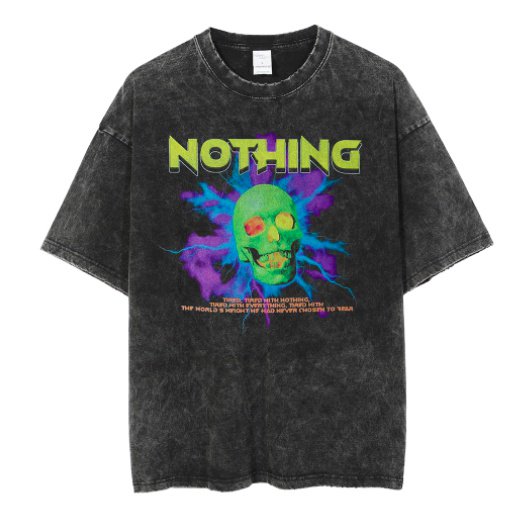 【大特価】ブラック ウォッシュ加工 NOTHING スカル ネオン ビンテージ古着風 ユニセックス Tシャツ 半袖 トップス 通販