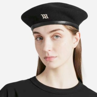 【大特価】ブラック Mロゴ レザートリム フェルト素材 ベレー帽 ベレーハット 帽子 インポート 通販