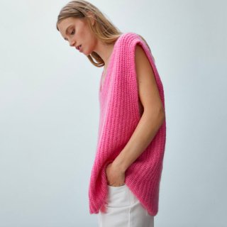 【大特価】ピンク 無地 シンプル Vネック ニットベスト スリーブレス トップス セーター インポート 通販