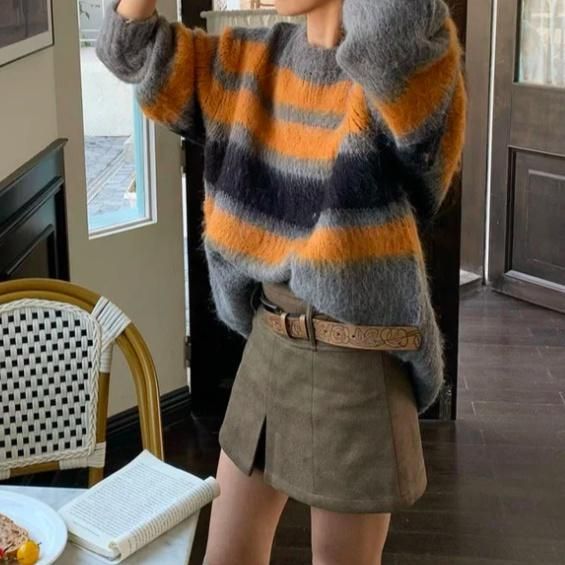 大特価】グレーxオレンジ ストライプ ボーダー クルーネック