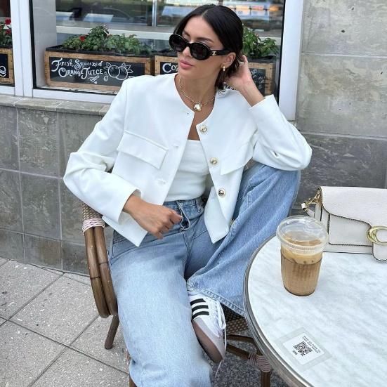 大特価】ホワイト 無地 シンプル ゴールドボタン ノーカラージャケット