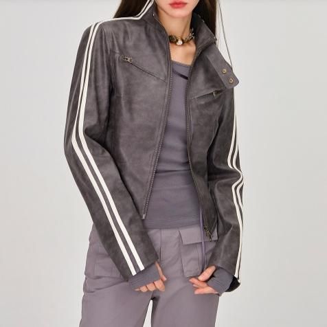 トレンド エコレザー ライダース サイドライン ストリート 韓国 セール】春服 ツートン切替 レーシングデザイン 合成皮革