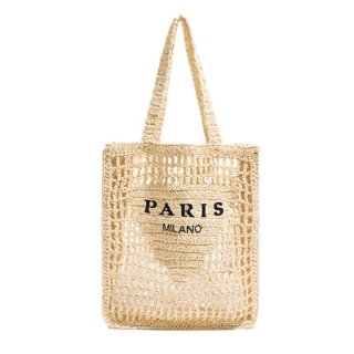 【大特価】6色展開 PARIS MILANO フロントロゴ かごバッグ ストローバッグ フィッシュネットバッグ