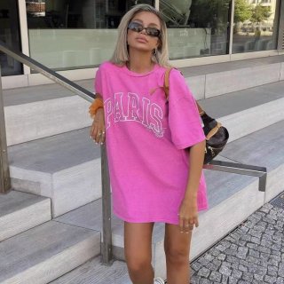 【大特価】ピンク PARIS フロントロゴ オーバーサイズ Tシャツ 半袖 トップス カットソー インポート 通販