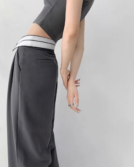 大特価】2色展開 ロールダウンウエスト スラックス ハイウエスト