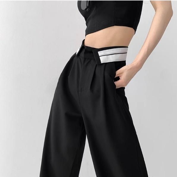 大特価】2色展開 ロールダウンウエスト スラックス ハイウエスト