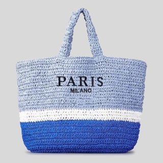 【大特価】2色展開 カラーブロック コントラストカラー PARIS フロントロゴ バッグ ハンドバッグ ストローバッグ ラフィアバッグ