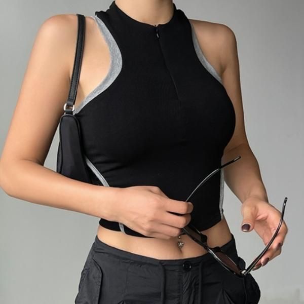 パーティを彩るご馳走や 大特価】2色展開 ハーフジッパー ジップアップ ファスナー カットソー(半袖+袖なし)