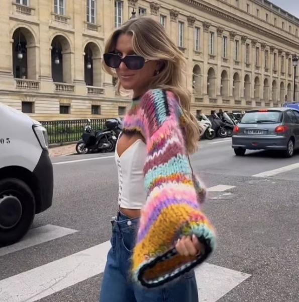 ストライプ クロップドニット 長袖 大特価】マルチカラー ストライプ ボーダー クロシェ編み かぎ