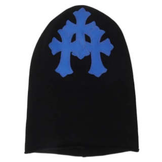 【大特価】ブラックxブルー 本革 クロス 十字架 ビーニー ニット帽 ニットキャップ インポート 通販