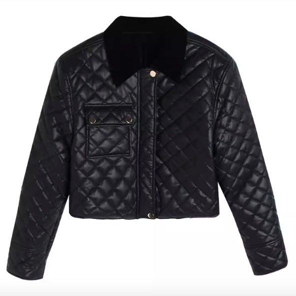 【大特価】ブラック フェイクレザー 合皮 キルティングジャケット 襟付き ジッパー ジップアップ ファスナー レザージャケット キルティングジャケット  韓国