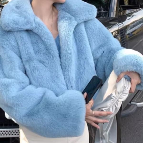大特価】スカイブルー スタンドカラー フェイクファージャケット