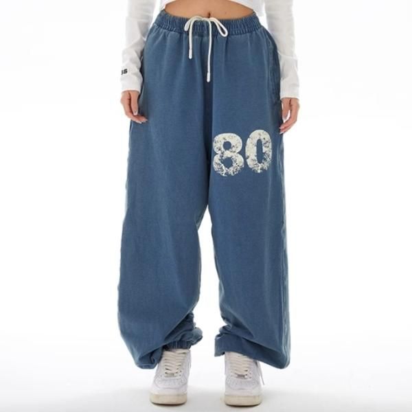 大特価】ブルー 80ロゴ ウォッシュ加工 スウェットパンツ ロング