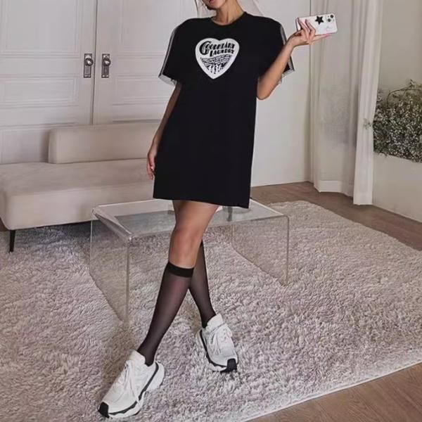 大特価】ブラック ハートプリント チュールレース Tワンピ T