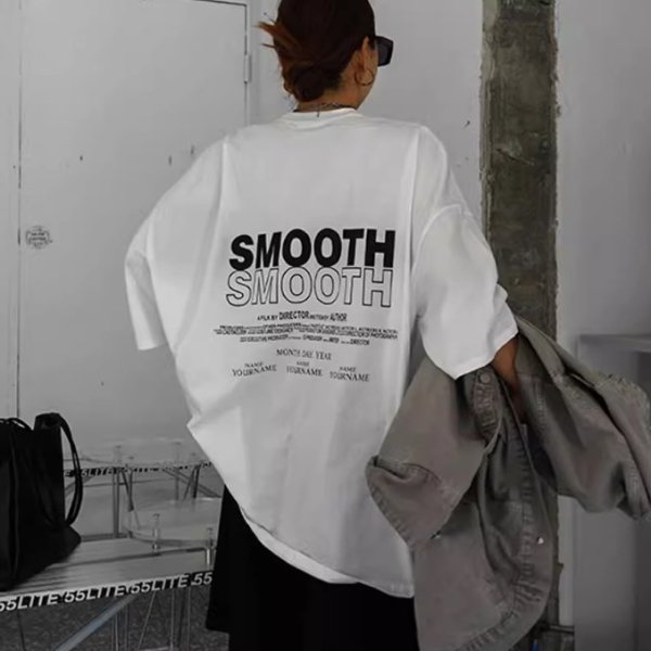 【大特価】ホワイト バックロゴ SMOOTH オーバーサイズ Tシャツ 半袖 トップス カットソー 韓国 インポート 通販