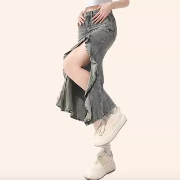 大特価】グレー ウォッシュ加工 ラッフルフリル マーメイド