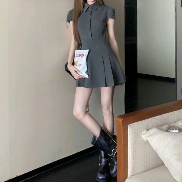 ☆韓国トレンド シャツワンピース ２カラー 春秋 Dress】オシャレ度満点～オフィスカジュアル春秋Aライン花柄