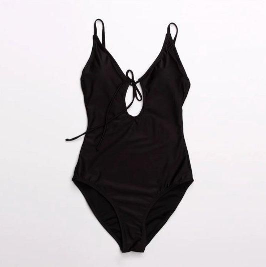 大特価】ブラック 無地 シンプル フロントリボン 深Vネック