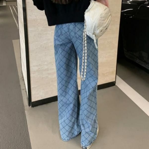 大特価】2色展開 格子柄 チェック柄 ワイドレッグデニムパンツ
