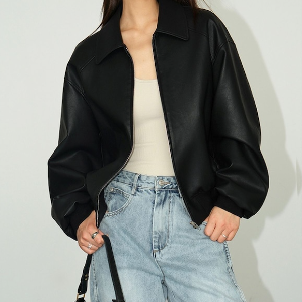 大特価】2色展開 フェイクレザー 合皮 襟付き ジッパー ジップ 大特価】2色展開 フェイクレザー 合皮 襟付き ジッパー ジップ