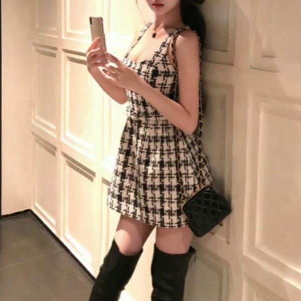 大特価】ホワイト 千鳥格子柄 総柄 タンクトップ ノースリーブ