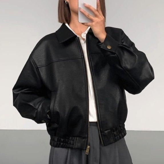 大特価】2色展開 襟付き フェイクレザー 合皮 レザーブルゾン 大特価】2色展開 襟付き フェイクレザー 合皮 レザーブルゾン