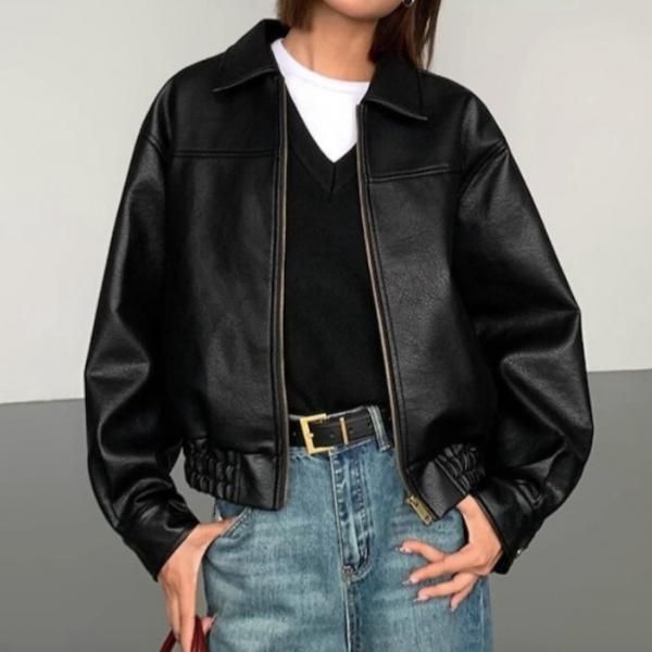大特価】2色展開 襟付き フェイクレザー 合皮 レザーブルゾン レザー