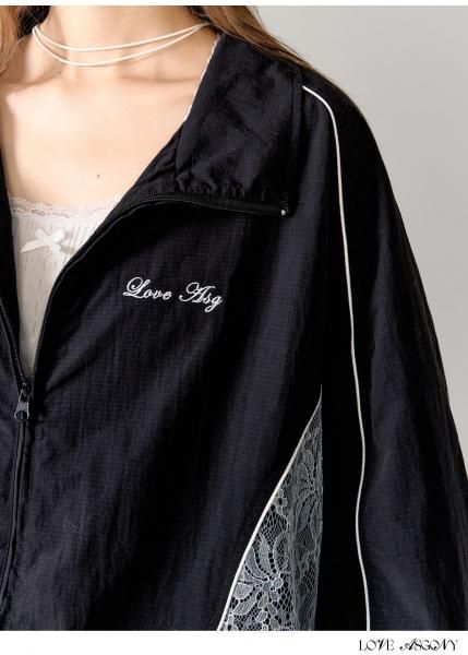 大特価】ブラック レース 切替デザイン オーバーサイズ ジッパー 大特価】ブラック レース 切替デザイン オーバーサイズ ジッパー