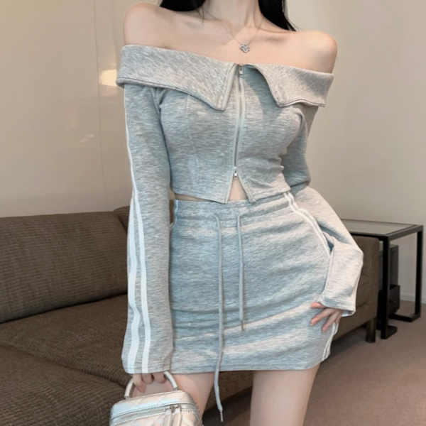オフショルダークロップド丈ハイウエストスカートセット 5060704 大特価】2色展開 サイドライン サイドストライプ オフショルダー