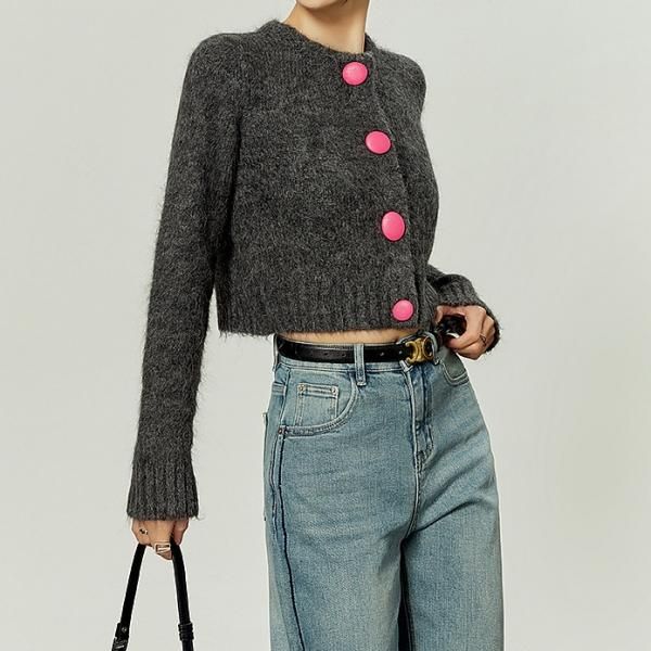 グレー ニットカーディガン 長袖 フロントボタン