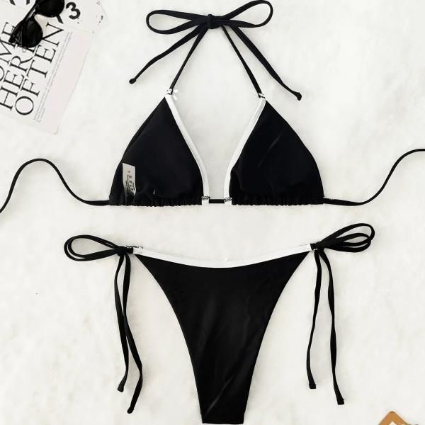バイカラー　白黒ノンワイヤー　ビキニ　新品未使用タグ付き 11Lサイズ 大特価】ブラック モノトーン バイカラー トリムデザイン プチリボン
