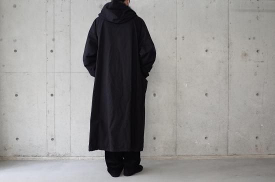 COMOLI HOODED LONG COAT-unisex/BLACK - trunk online store