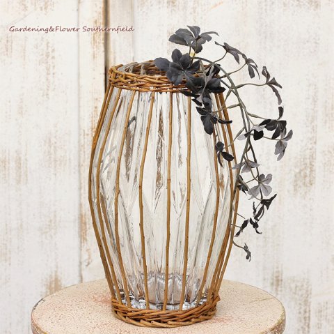 ガーデニング雑貨 カゴ編み ガラス フラワーベース ロングボトル 花瓶
