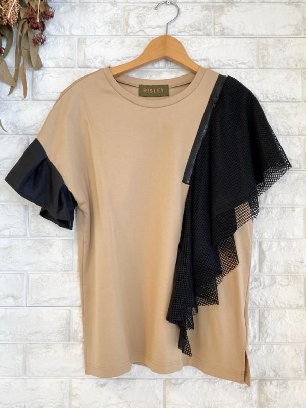 928）RISLEY リブ×メッシュ アシンメトリートップス ブラック