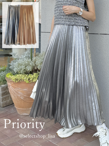 Priority(プライオリティ)メタリックプリーツロングスカート|セレクト