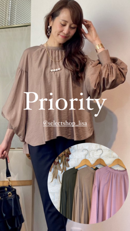 Priority(プライオリティ)シルク風ボリューム袖ブラウス|セレクト