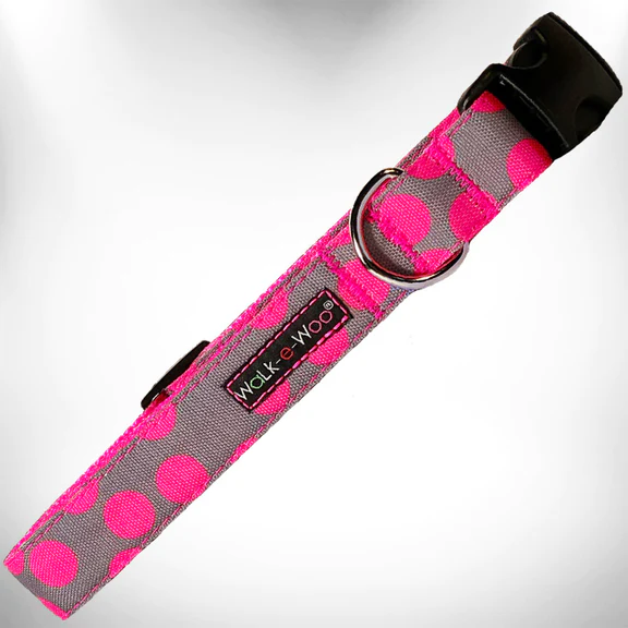 Walk-e-Woo Dot Collar -Neon Pink  Dots on Grey (S) 小型—中型犬サイズ首輪