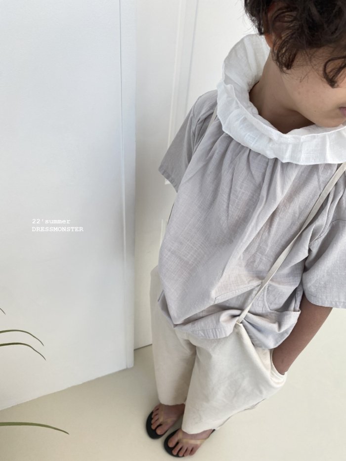 DRESS MONSTER-ドレスモンスター-リネンダブルカラーブラウス/ベージュグレー 韓国子供服 BUBUOLUBU ブブオルブ