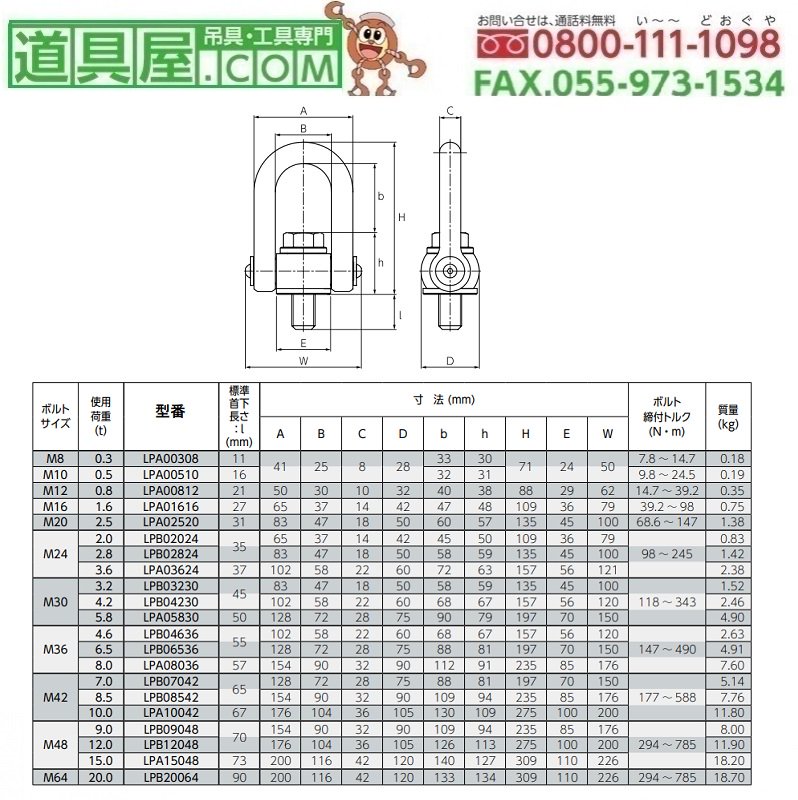 キトー リフティングポイント M10 使用荷重0.5T【道具屋.com】吊具・ワイヤーロープ専門通販