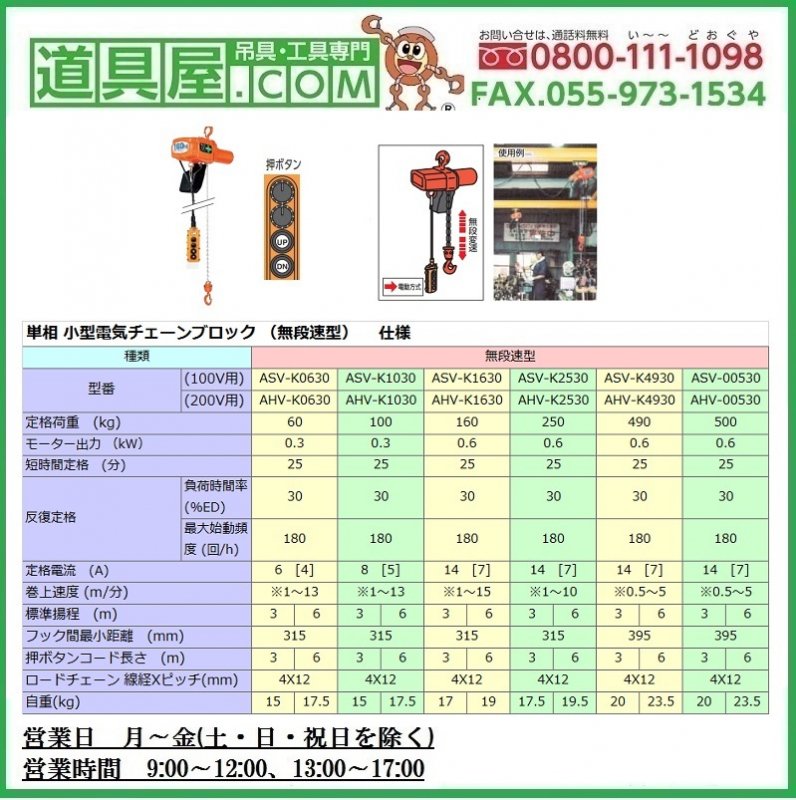 日本限定モデル】 α型電気チェーンブロック 無段速型 単相100V 定格荷重0.25t 揚程3m