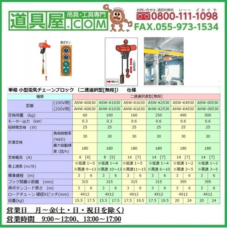 象印 電気チェーンブロック 490kg 揚程4m ( AHVK4940 ) 象印チェン